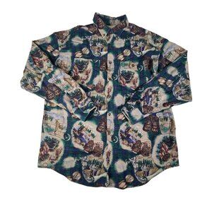 Arrow Company Outdoors Shirt Hunting Fishing Mens Large All Over Print Blue